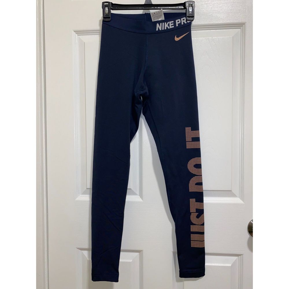 Nike Pro Dri Fit Just Do It Leggings in Navy and Peach Font – XS